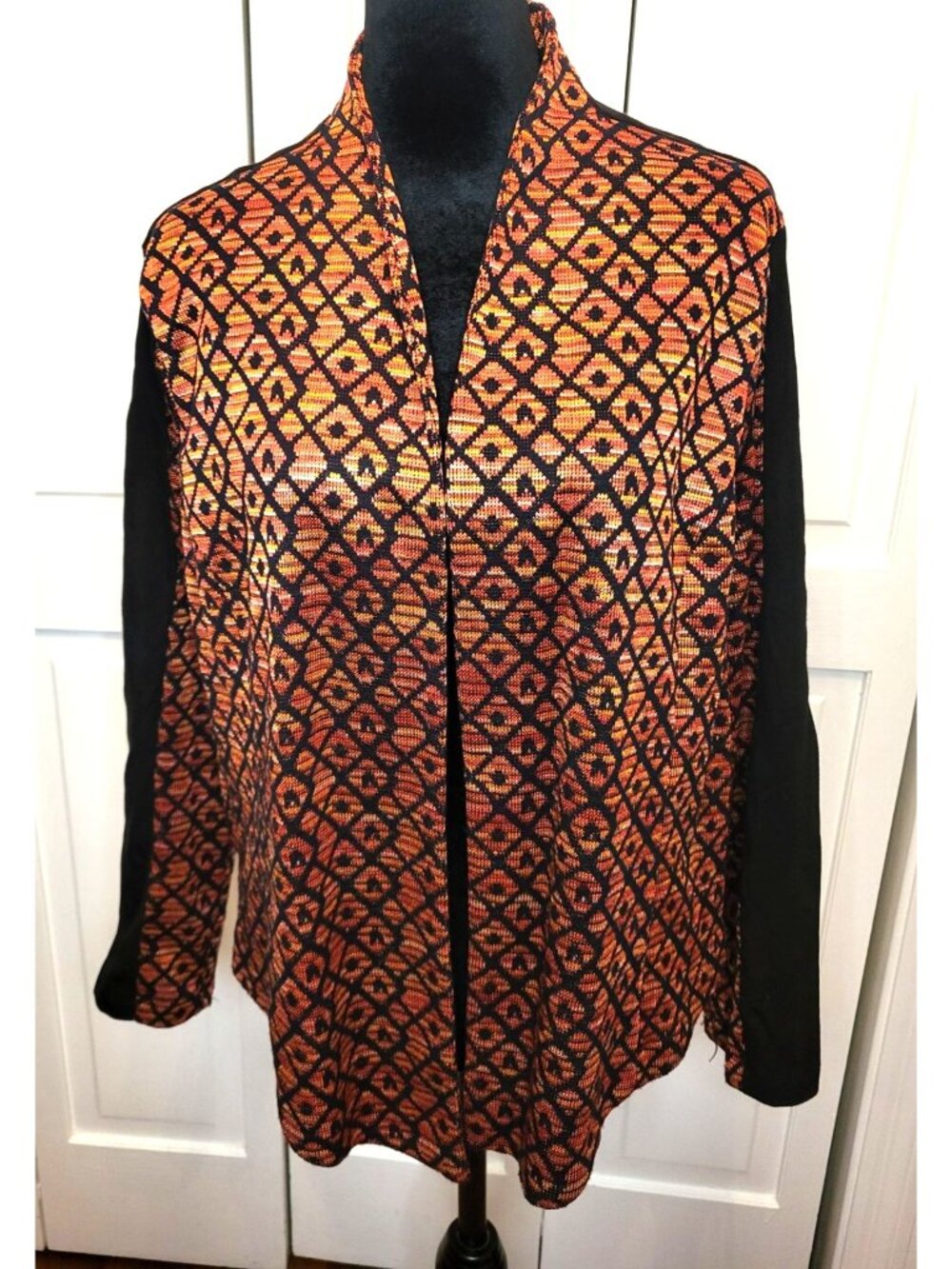 Ruby Rd XL Orange Black Diamond Pattern Open Front Cardigan Fall Boho Layering